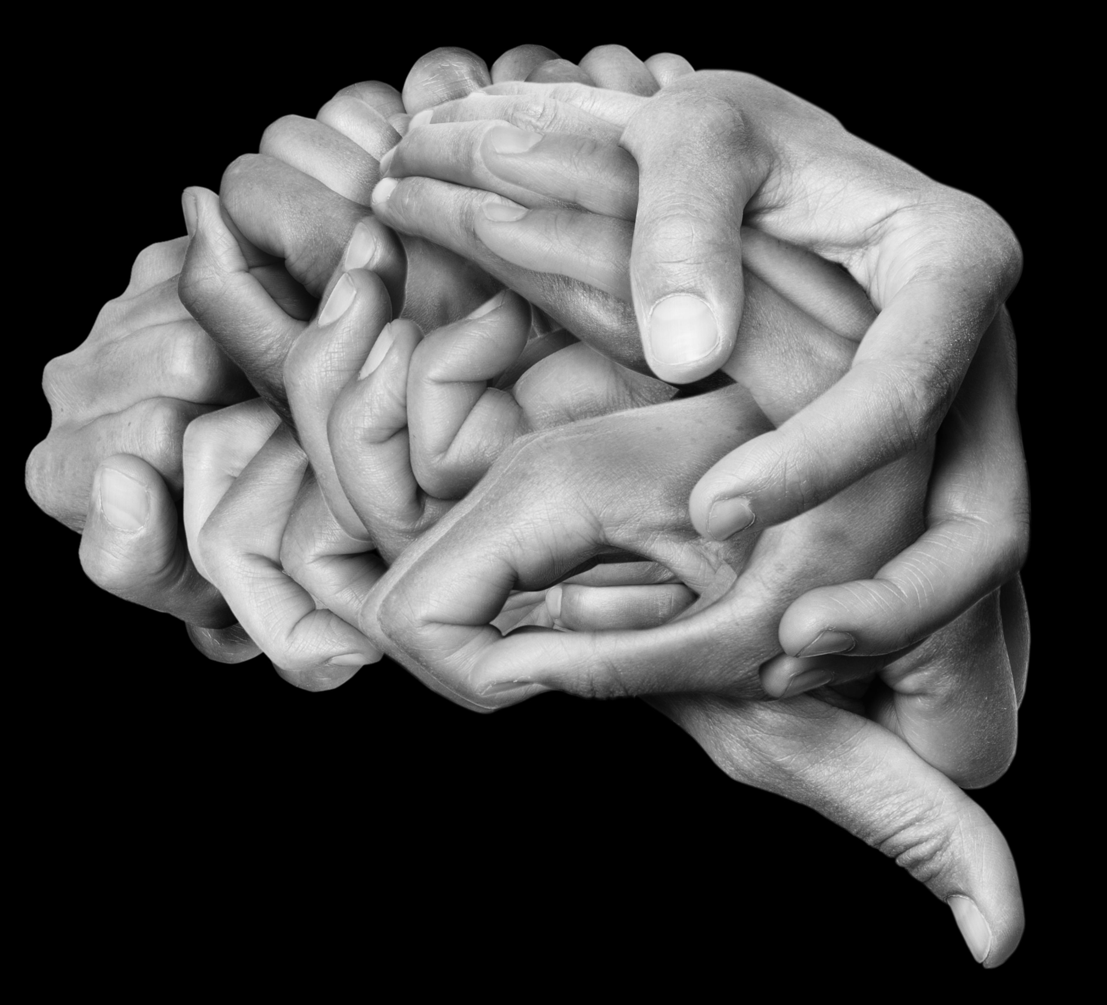 Manos entrelazadas formando un cerebro, representación del pensamiento colectivo